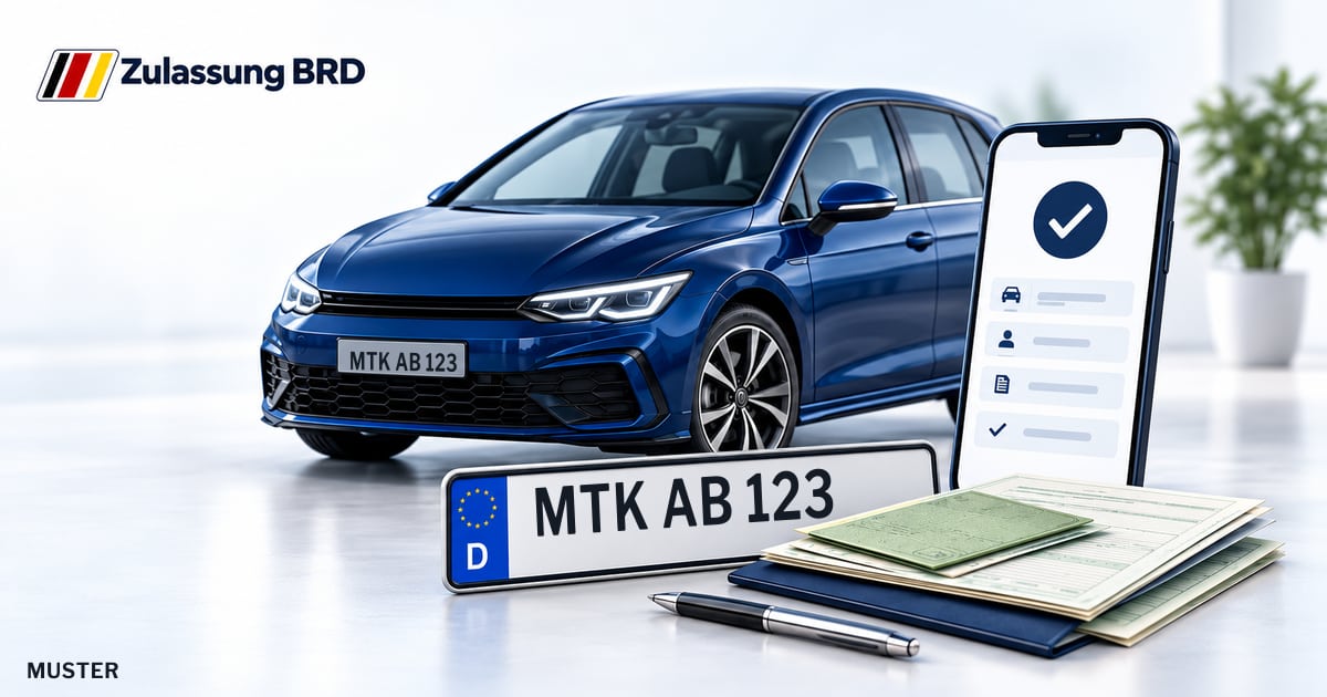 Online Fahrzeugzulassung in Hofheim am Taunus: Musterkennzeichen MTK AB 123, Auto und Fahrzeugpapiere und Smartphone. Illustration mit Logo von Zulassung BRD.